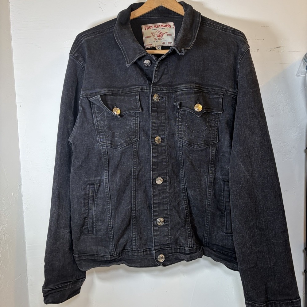 True‎ Religion Jacket Mens XL Black Denim Trucker Western Y2K Stitch Streetwear